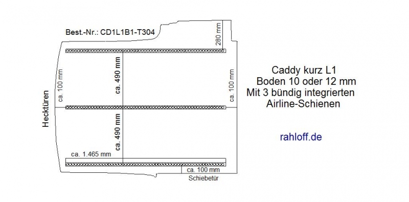 Caddy Boden mit 3 Airline Schienen längs (L1 - T304)