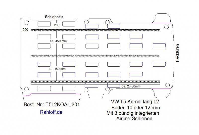 T5 / T6 Kombi Boden mit 3 Airline Schienen längs L2-T301