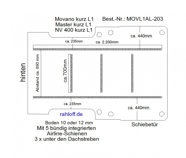 Master Movano Boden mit 5 Ladungssicherungs - Schienen L1 T 203