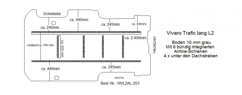 Trafic Vivaro Boden mit 6 Ladungssicherungs-Schienen L2 alt T203