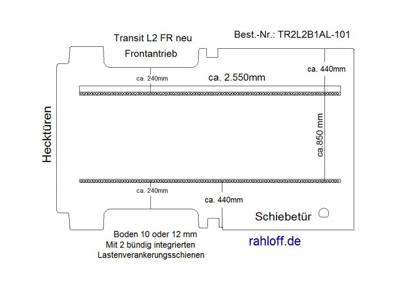 Transit neu Boden mit 2 Lastenverankerungs-Schienen L2 FR T101