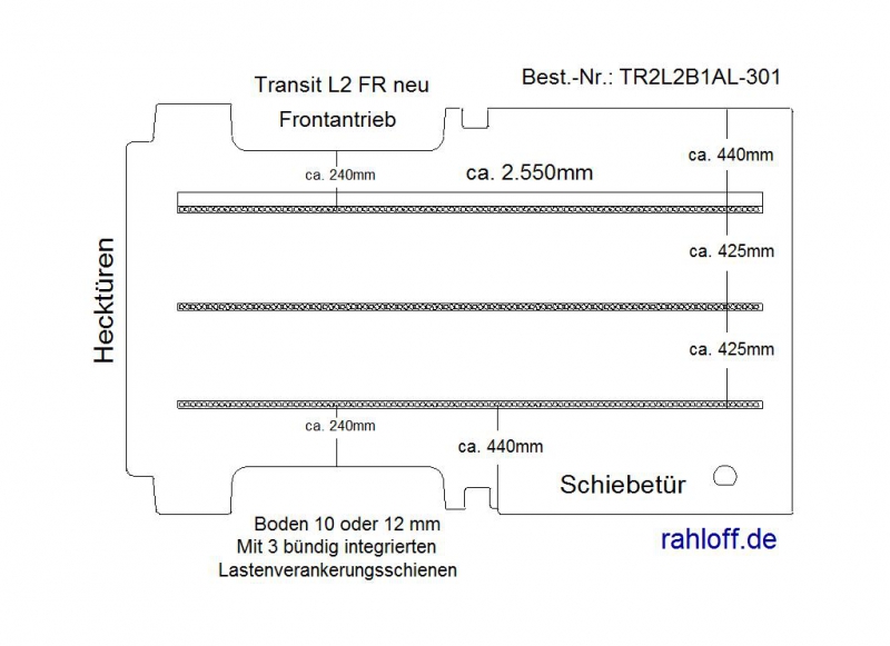 Transit neu Boden mit 3 Lastenverankerungs-Schienen L2 FR T301