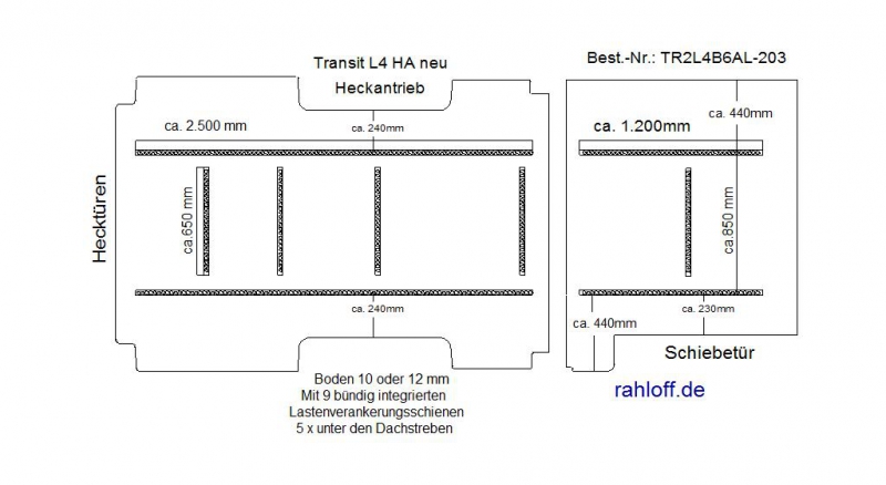 Transit neu Boden mit 9 Ladungssicherungs- Schienen L4 HA T203