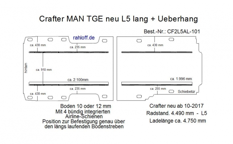 Crafter - MAN TGE neu Boden mit 4 Ladungssicherungs- Schienen L5 101