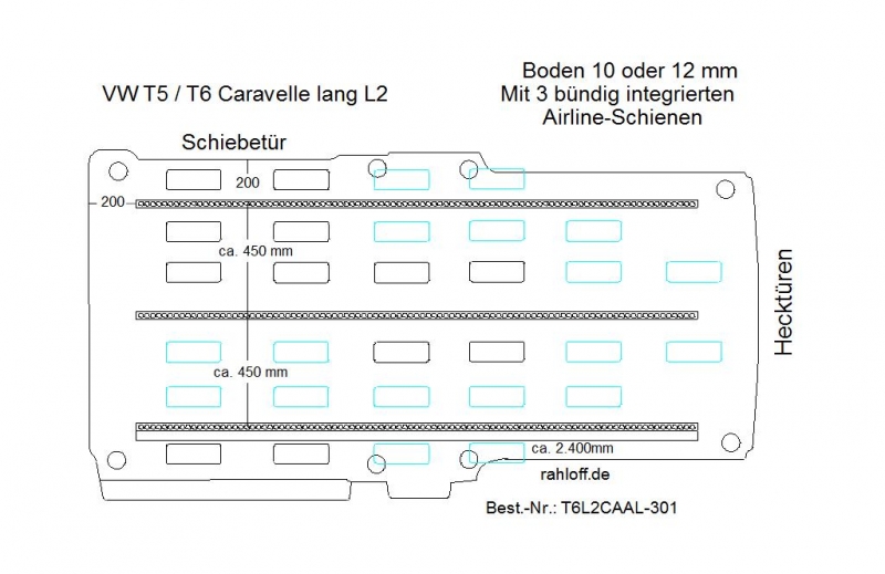 T5 / T6 Caravelle Boden mit 3 Airline Schienen längs L2-T301