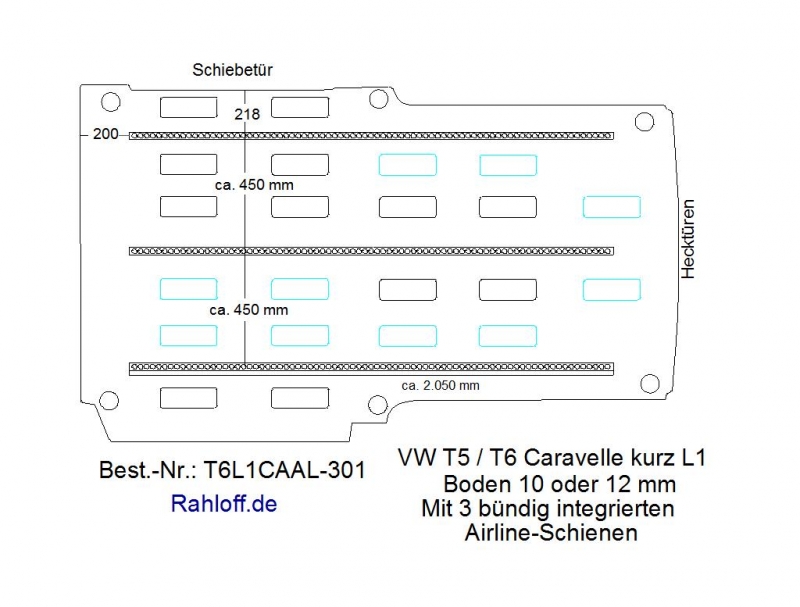 T5 / T6 Caravelle Boden mit 3 Airline Schienen längs L1-T301