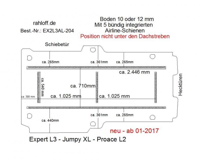 Toyota ProAce L2, neu ab 06-2016,  Boden mit 5 Ladungssicherungs-Schienen T204